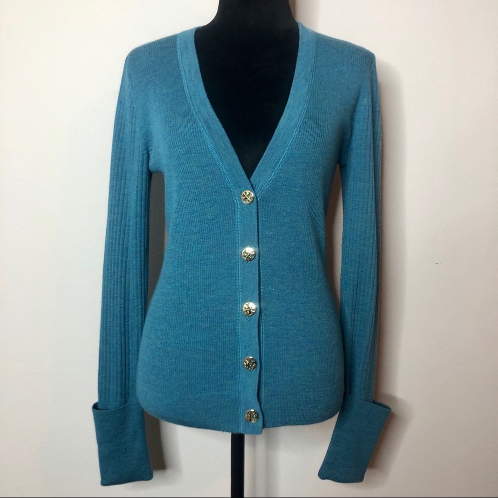 Tory Burch Teal Ribbed Cardigan